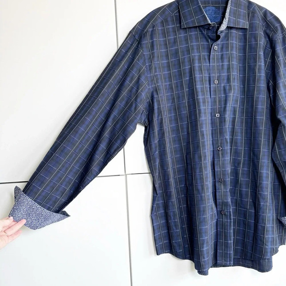 Bugatchi Mens Dress Shirts Black and Blue Plaid Contrast Cuff Print Size XL - Picture 2 of 12